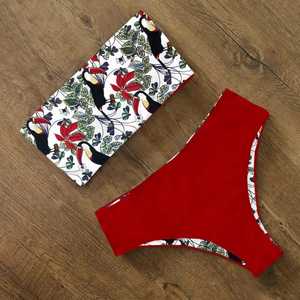 Conjunto de Bikini con Estampado Floral para Mujer, Top Bandeau, Braguita Hipster, Traje de Baño Elástico, Corte Regular, Estampado Digital, Tejido de Spandex y Poliéster - Product Image 3