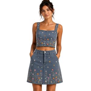 Customized Slate Blue Women Embroidered Crop Top and Skirt <b>Set</b> Floral Summer Two Piece Outfit Custom Logo OEM Wholesale Apparel - Product Image 1