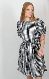 Nouvelle arrivée : robe smock en coton à carreaux avec manches bouffantes courtes, mi-longue, formelle, coupe A, pour femmes - Product Image 3