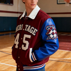 เสื้อแจ็คเก็ตวาร์ซิตี้ผู้ชาย แบรนด์ Men High Street  ผ้าขนสัตว์ หนัง  ปักอักษร  ปักลายเชนิลล์  เสื้อแจ็คเก็ตเบสบอลแบบสั่งทำ - Product Image 3