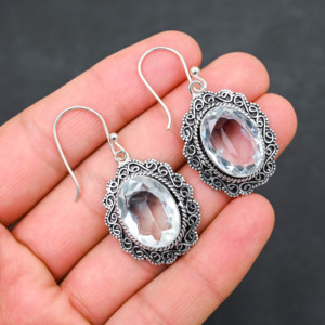 Boucles d'oreilles personnalisées en argent sterling 925 avec topaze blanche créée en laboratoire, 1,9 pouce, bijoux en pierres précieuses faits à la main, boucles d'oreilles fines antiques, cadeau pour femme - Product Image 1