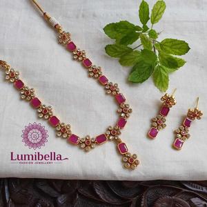 <b>Ruby</b> Short Gold Plated Diamond <b>Necklace</b> Set-Vintage Wedding Fine Jewelry - Product Image 1