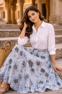 Women Floral Tree Print Maxi <b>Skirt</b> <b>Elastic</b> Waist Tiered Frill Long <b>Skirt</b> with Pockets Casual Summer Boho Cotton <b>Skirt</b> - Product Image 3