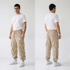 Men Windbreaker Cargo Pants Beige Elastic Waist Multiple Pockets Canvas <b>Trousers</b> Spring Wear <b>Waterproof</b> Rain Pants - Product Image 4