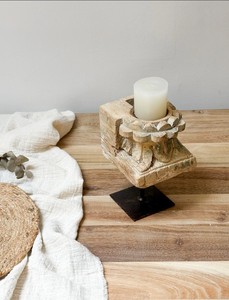 Porte-bougie en bois ancien sur support en fer, sculpté à la main, décoration rustique pour jardin, table, entrée, salon, chambre, salle à manger - Product Image 3