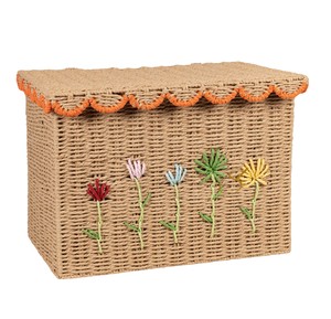 Handcrafted Rectangular Seagrass Basket Hinged Lid Cute Embroidered Flower <b>Storage</b> <b>Trunk</b> Decorative Wicker <b>Box</b> with Orange Trim - Product Image 1