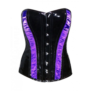 Corsé de Cuero Sintético PU para Mujer, Negro con Rayas Moradas, Cierre de Gancho y Ojo, Faja Moldeadora de Control Firme - Product Image 1