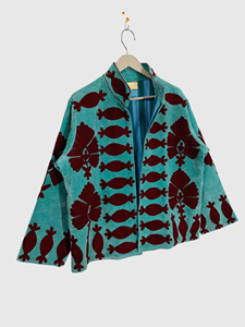 Veste en velours à col mandarin avec motif floral brodé à la main, manches chauve-souris, style adulte, pour l'automne - Product Image 2