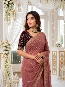 AARA Fashion Elegant Pink Silk Saree <b>Gold</b> Embroidery <b>Blouse</b> for Wedding Occasion Women Traditional Indian Wear Sun Protection - Product Image 5