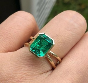 <b>Green</b> Emerald Cut Diamond Bezel Set Birthstone Solid Gold Everyday Elegance Jewelry Gift <b>Ring</b> for Women Bridal Anniversary - Product Image 1