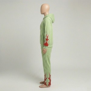 Survêtement unisexe vert avec imprimé flamme rouge, sweat à capuche zippé et pantalon, tenue décontractée pour adultes, saison automne, 100% coton - Product Image 3