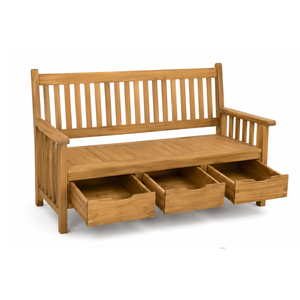 Banc de jardin en teck avec 3 tiroirs de rangement, dossier à lattes et accoudoirs pour terrasse, hôtel, complexe hôtelier - Product Image 3