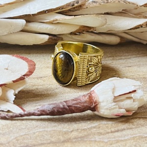 Statement Design <b>Tiger</b> <b>Eye</b> Brass Gemstone <b>Ring</b> Gold Plated Leaf Texture Tribal Vintage Style Chunky Handmade Wholesale Womens - Product Image 5
