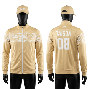 Chaqueta de entrenamiento de voleibol para hombre, premium, 220 GSM, tela de poliéster entrelazado, color dorado, panel geométrico en el pecho, estampado por sublimación - Product Image 1