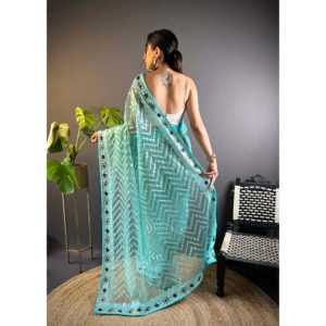 Sari de tela bordada de diseñador con trabajo de hilo de aluminio - Product Image 4