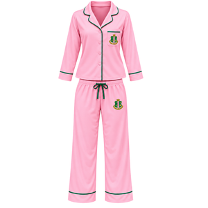 Conjunto de Pijama Rosa para Mujer con Ribete Verde y Escudo Bordado, Camisa de Manga Larga con Botones y Pantalones a Juego con Cordón Ajustable, Suave - Product Image 1