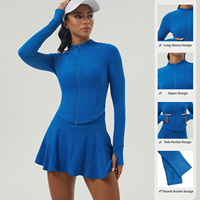 Ensemble 2 pièces jupe de tennis respirante et écologique pour femme, couleur unie, tenue de sport décontractée à manches longues