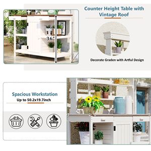 TOPMAX 66 \ "grande postazione di lavoro giardino fattoria bianca all'aperto panca in legno panca 2 cassetti armadio scaffali aperti di stoccaggio - Product Image 6