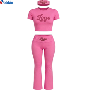 Customized Custom Logo Women 3 Piece Set High Waist Flare Pants and <b>Crop</b> <b>Top</b> with Headband Athleisure Yoga Workout Tracksuit - Product Image 3