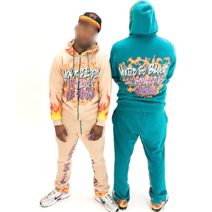 Conjunto de Chándal Personalizado con Estampado de Llamas, Sudadera con Capucha Unisex y Pantalones Acampanados, Ropa Urbana de Dos Piezas a Juego, Diseño de Grafiti con Colores Personalizados - Product Image 2