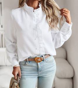 Nouvelle mode femme, chemise décontractée en maille unie blanche à manches longues, coupe droite, broderie, manches raglan, col rabattu, automne - Product Image 6