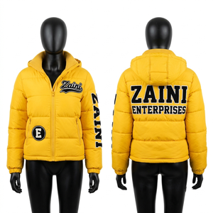 Women Puffer Jacket 300 GSM Premium Polyester <b>Quilted</b> Yellow Panel Design Custom Embroidery Chenille Patch Applique Logo - Product Image 1