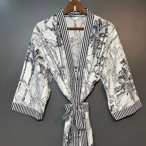 Bata Kimono de Algodón Suave y Transpirable con Estampado de Dibujos Animados para Mujer, Ropa de Estar por Casa de Verano Hecha a Mano, ODM, Cuello en V, Cintura Elástica, Camisón Completo - Product Image 1