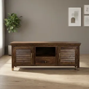 Meuble TV en bois avec placards de rangement, étagère ouverte et tiroir – Meuble de divertissement rustique pour salon - Product Image 5