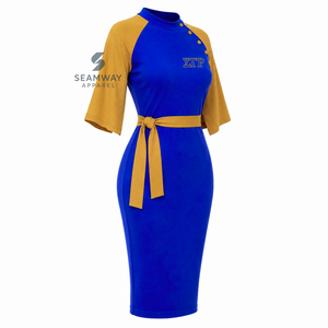 เดรสทรงบอดี้คอนสีน้ำเงินและทองตัดกันของ Sigma Gamma Rho สำหรับผู้หญิง แขนเสื้อแบบเคป แต่งกระดุมผูกเอวทรงเข้ารูป - Product Image 2