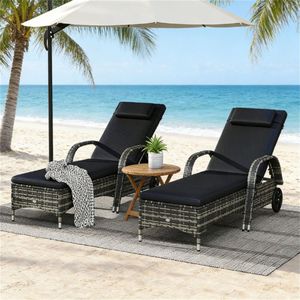 2 Lettini Prendisole Neri da Esterno con Poltrone per Patio o Zone Piscina - Product Image 1
