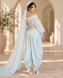 Women's <b>Light</b> <b>Blue</b> Embroidered V Neck Maxi Length Plum Velvet Breathable Elegant Party <b>Wedding</b> <b>Dress</b> Long Sleeve Muslim Kaftan - Product Image 2