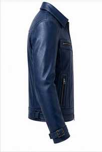 Blouson moto en cuir véritable beige pour homme, col rabattu, fermeture éclair, coupe ajustée, manches classiques, couleur unie, automne - Product Image 2