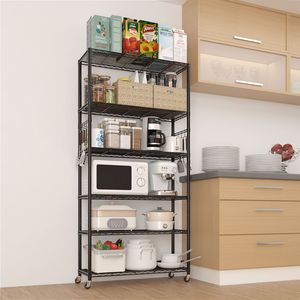 Espositore a sei ripiani regolabili con piedini M8, ruote in gomma da 2FT e gancio a cono laterale - Scaffalatura multiuso segmentata - Product Image 1