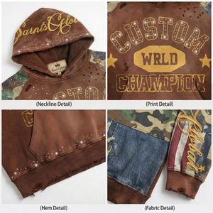 Sudadera con Capucha Extra Grande para Hombre, Estilo Vintage Lavado, Bordado Personalizado con Pedrería, Sudadera de Algodón Grueso, Estilo Urbano con Parches - Product Image 3