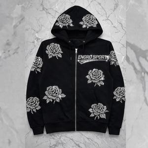 Sweat à capuche en strass pour hommes et femmes |   Sweat à capuche zippé avec logo personnalisé en strass, design cristal fleur de rose, streetwear, sportswear, Tears - Product Image 1