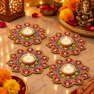Handmade Indian Diwali Decorative Vibrant Mandala Design Flower Shape Metal Durable Eco-Friendly <b>Tealight</b> <b>Candle</b> <b>Holder</b> Reusable - Product Image 1