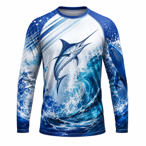 Camiseta de manga larga para hombre, color blanco, azul y amarillo, con estampado de peces, de secado rápido - Product Image 3