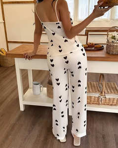 Women Casual Heart Print Spaghetti Strap Full-Length Pajama Set Soft Knitted Machine-Washable Sleepwear Lounge Jumpsuit Elastic - Product Image 3