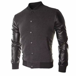 Veste varsity grise pour homme avec manches en cuir PU noir, coupe classique, vêtement décontracté pour l'automne, col rabattu, fermeture à boutons - Product Image 4
