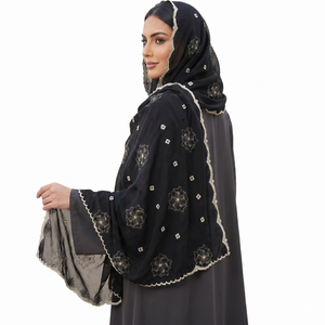 Premium Women Black Chiffon Hijab Floral Embroidery Shawl Breathable Daily Wear All Seasons Middle East Style Scarf Rhinestones - Product Image 3