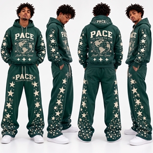 Conjunto deportivo vintage para hombre en verde oliva con estampado gráfico de estrellas, sudadera con capucha y pantalones deportivos holgados de felpa gruesa, conjunto de 2 piezas. - Product Image 5