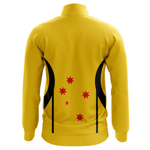 เสื้อแจ็คเก็ตผู้ชายสีเหลืองแบบซิป แต่งดาวสีแดงและแถบสีดำ คอตั้ง สไตล์สปอร์ต พิมพ์ลายแบบ Sublimation เสื้อแจ็คเก็ตสำหรับออกกำลังกาย - Product Image 2
