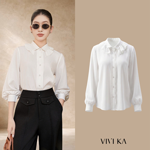 เสื้อเชิ้ตผู้หญิง แขนยาว คอปีเตอร์แพน แต่งลูกไม้ ผ้าฝ้ายผสมโพลีเอสเตอร์ สวมใส่สบาย เหมาะสำหรับฤดูร้อน ใส่ทำงานหรือใส่ลำลอง รุ่น IVY - Product Image 1