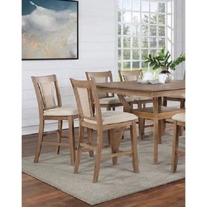 Set di 2 Sedie da Pranzo in Legno Massello Stile Transizionale, Altezza Bancone, Tono Naturale Beige con Seduta Imbottita in Similpelle, per Cucina - Product Image 4