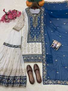 Designer Embroidered <b>Kurti</b> with Sharara & Net Dupatta | Women Wedding Party Wear Ethnic Suit - Product Image 6