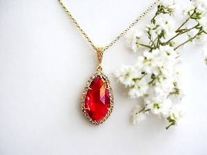 Vintage <b>Ruby</b> Pendant <b>Necklace</b> 925 Sterling Silver 14K Gold Plated Bridal Wedding Party Gift for Women - Product Image 4