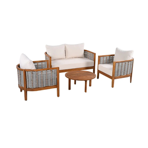 Ensemble de salon de jardin moderne en teck et corde avec coussins et table basse - Product Image 2