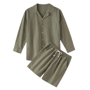 Ensemble de vêtements de nuit en lin pour homme, chemise de pyjama à manches longues boutonnée et short à cordon de serrage, respirant, décontracté, vêtements de maison - Product Image 4