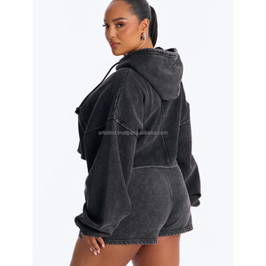 Conjunto de 2 Piezas para Mujer, Sudadera Corta con Capucha y Pantalones Cortos, Ropa Deportiva Informal de Felpa, Primavera Verano, Color Sólido, Cierre Frontal con Cremallera, Corte Regular - Product Image 4