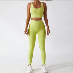 High Waist Yoga Set 2 Piece Women Workout Clothes Seamless Ribbed Leggings and Sports Bra Neon Patchwork Gym Fitness Activewear - Product Image 5